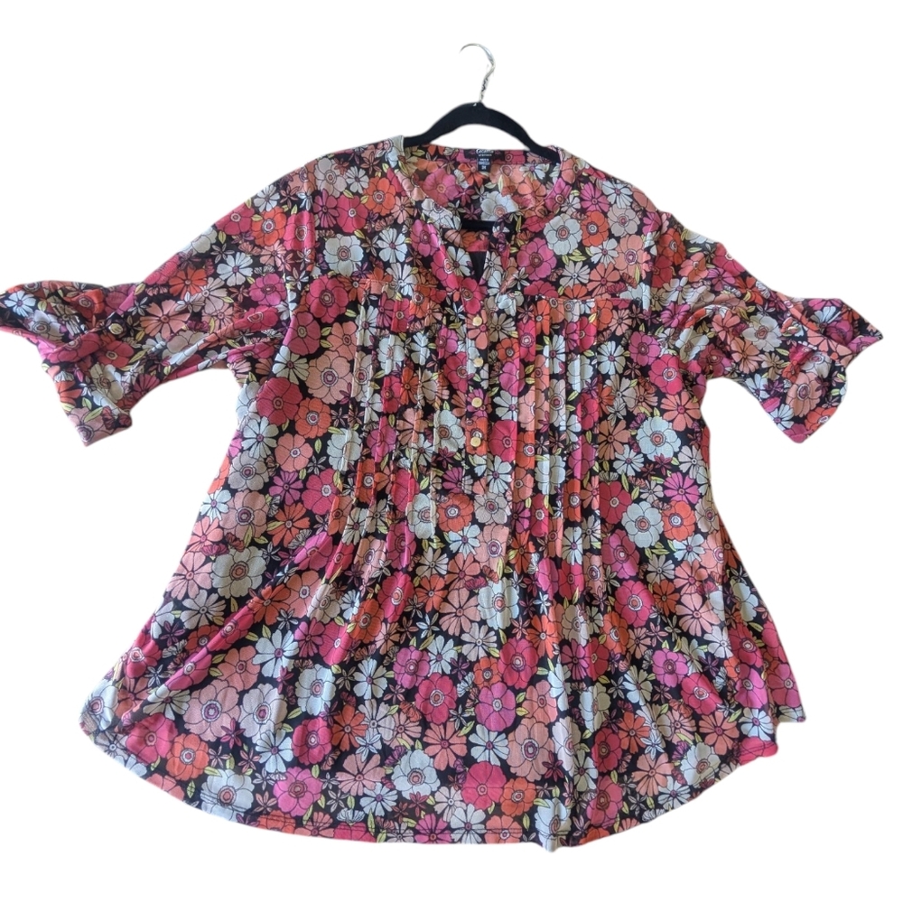 Cocomo Woman Plus Size 3X Floral Pleated Tunic Blouse Multicolor